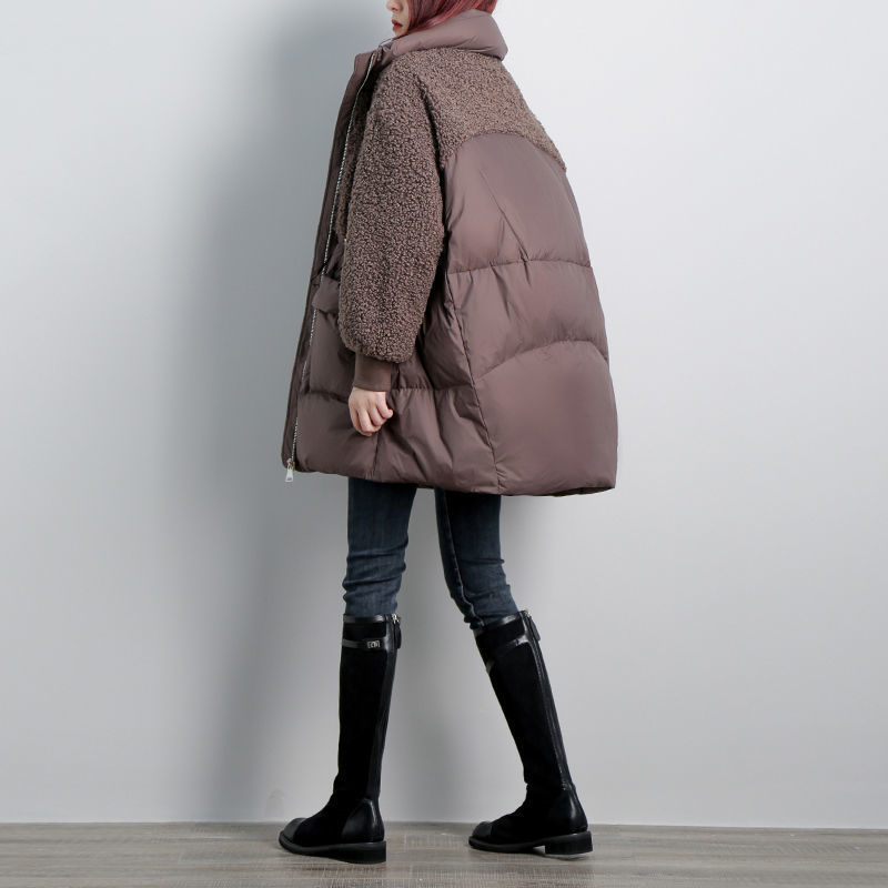 Women's Clothing padded jacket mid length winter fashion splicing lamb wool cotton coat loose large size warm all match cotton coat for women_voghion.com