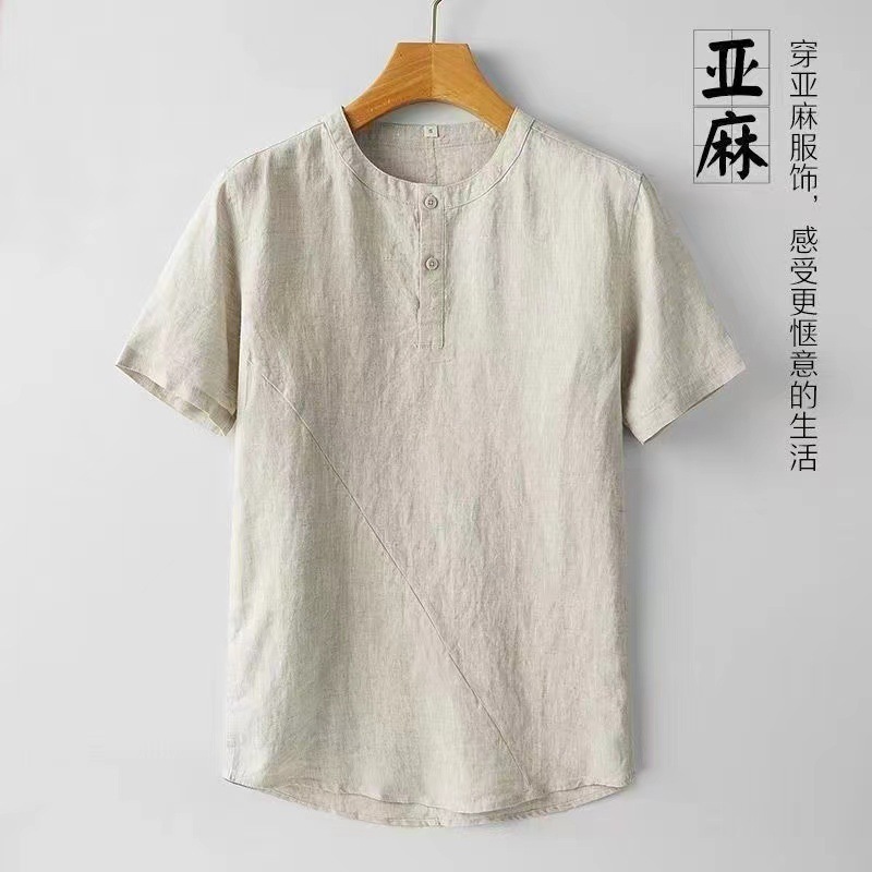 中国風紳士服リネン半袖シャツメンズ夏薄手カジュアルレトロ綿麻プルオーバー小襟シャツ|undefined