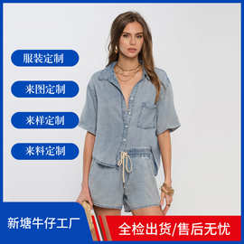 跨境欧美女款牛仔衬衫浅色青年布薄款休闲宽松短袖五分袖开衫上衣