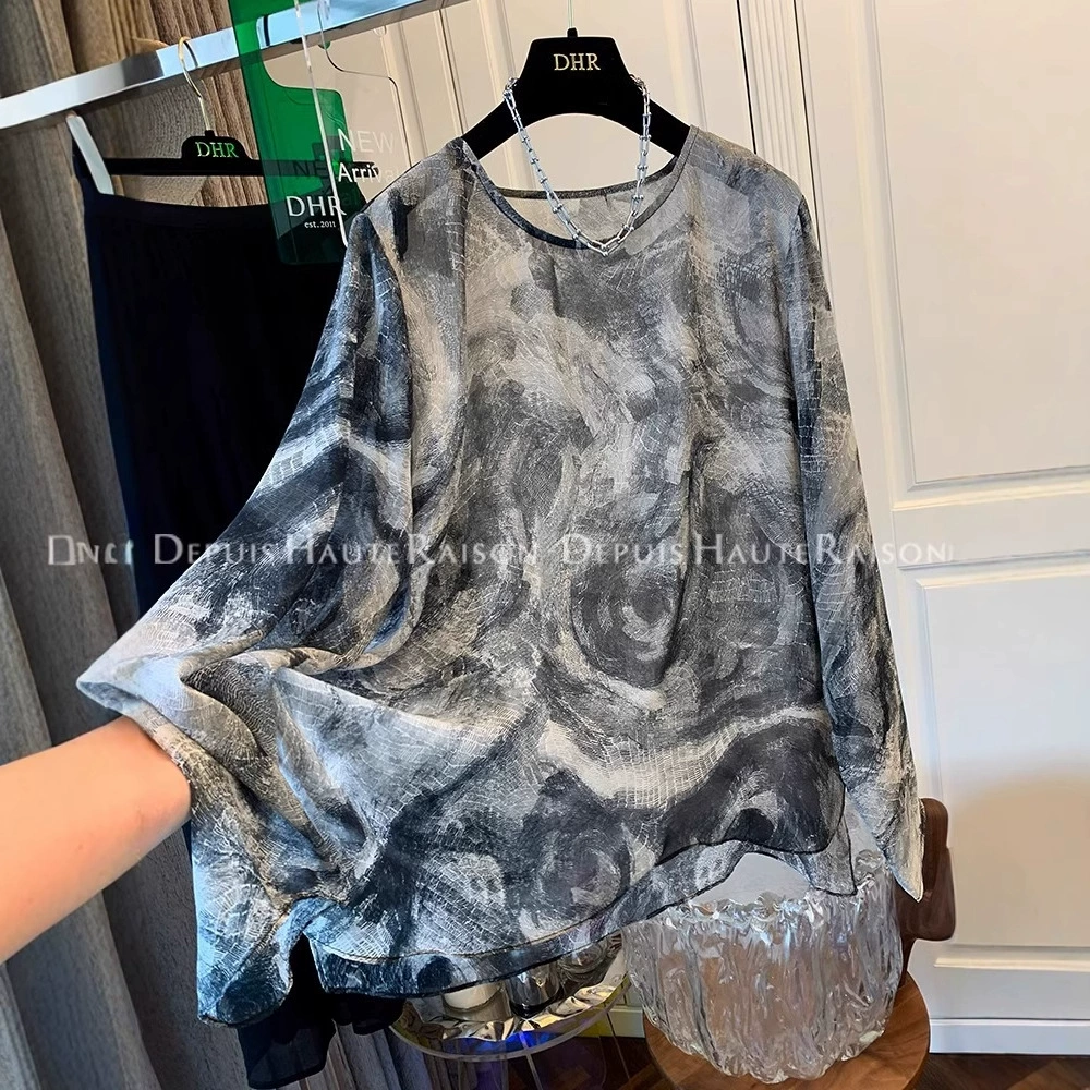 Специальное предложение [Официальное изображение, оригинальное качество] Очень большой размер 120kg шифоновая тонкая летняя прохладная и полупрозрачная солнцезащитная блузка