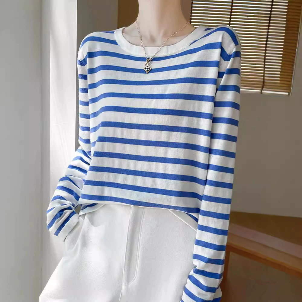 Полосатый трикотаж женский с круглым вырезом рыхлый цвет, модный ленивый ветер, дикий черный синий красный, Европа, Юго-Восточная Азия