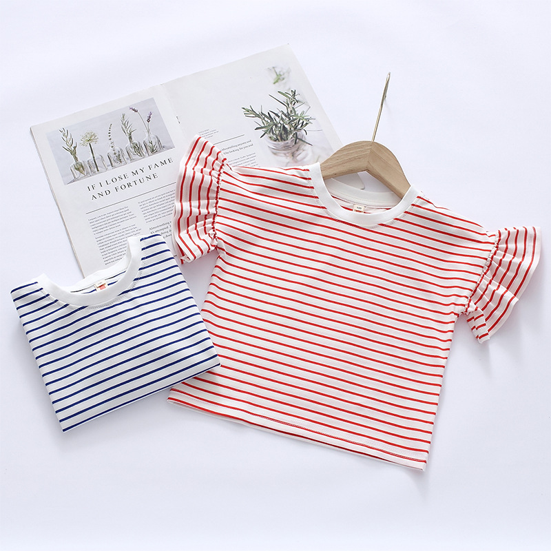 2022 summer new pattern children Short sleeved T-shirt pure cotton Female baby pinkycolor Lotus leaf 2-6 stripe Half sleeve T-shirt