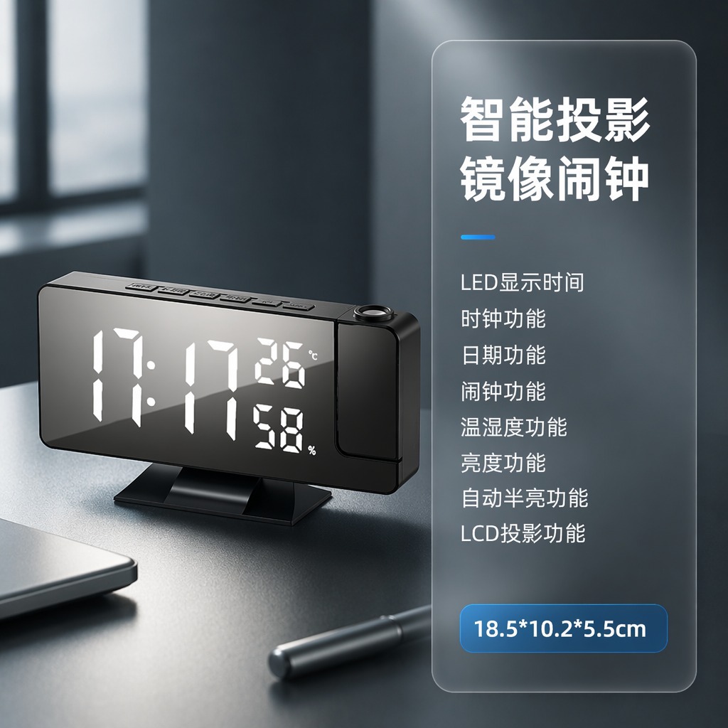 多功能电子钟（镜面显示屏+投影灯）黑壳白字3718LW