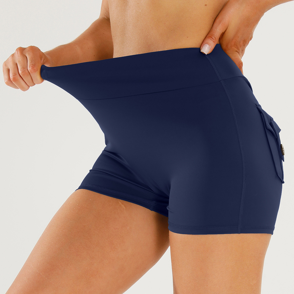 Europa y América de herramientas de bolsillo pantalones cortos de yoga de cintura alta V cintura de elevación de cadera rápido secado elástico fitness running panty