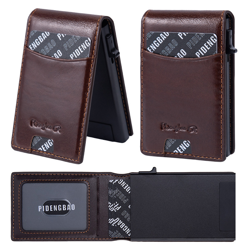 Men's Genuine Leather Card Holder Rfid Anti-Degaussing Side-Push Aluminum Alloy Card Box Automatic Pop-Up Card Holder Wallet for Foreign Trade Cross-Border