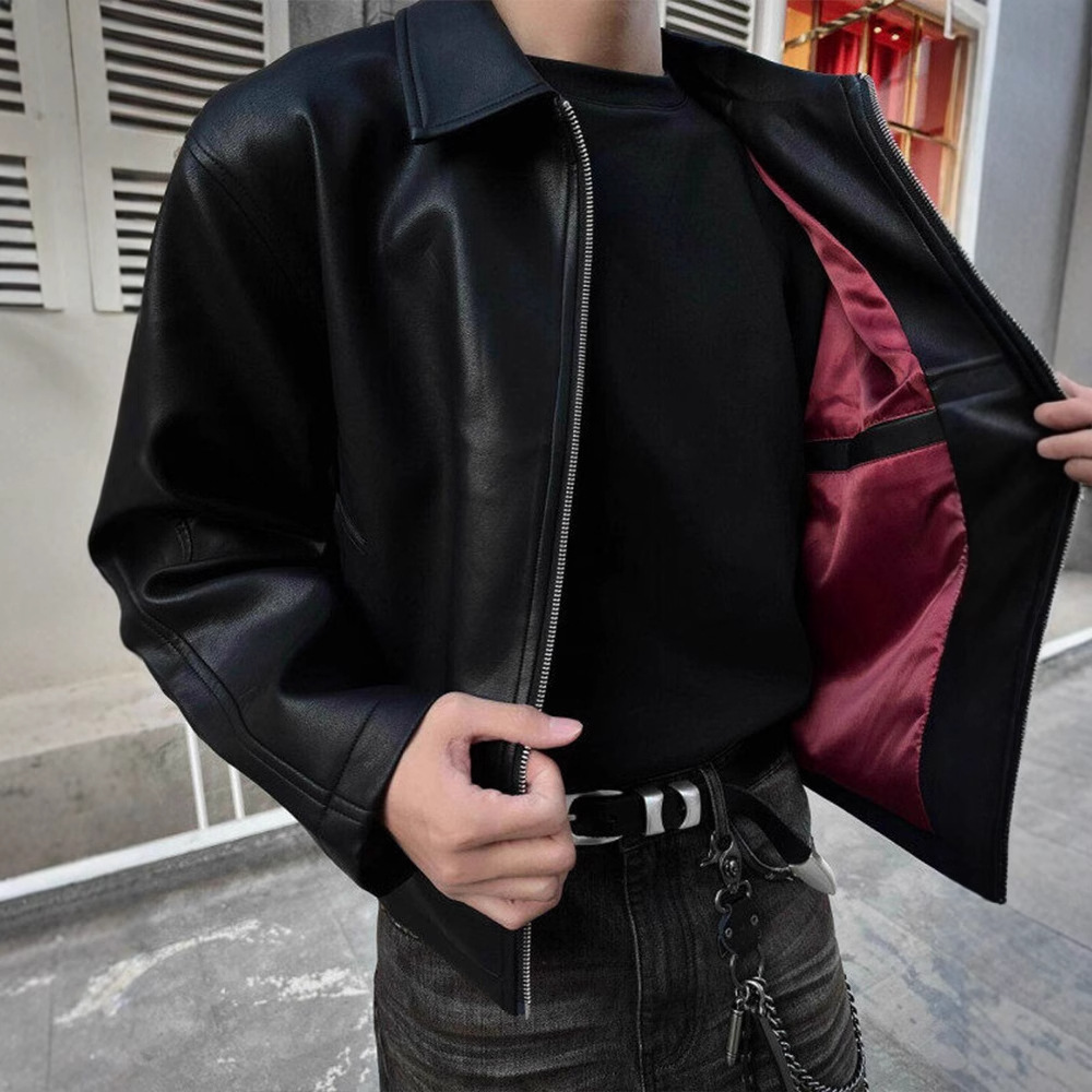 红内肌理黑色短款pu皮夹克男春秋新款美式潮牌高级感痞帅翻领外套