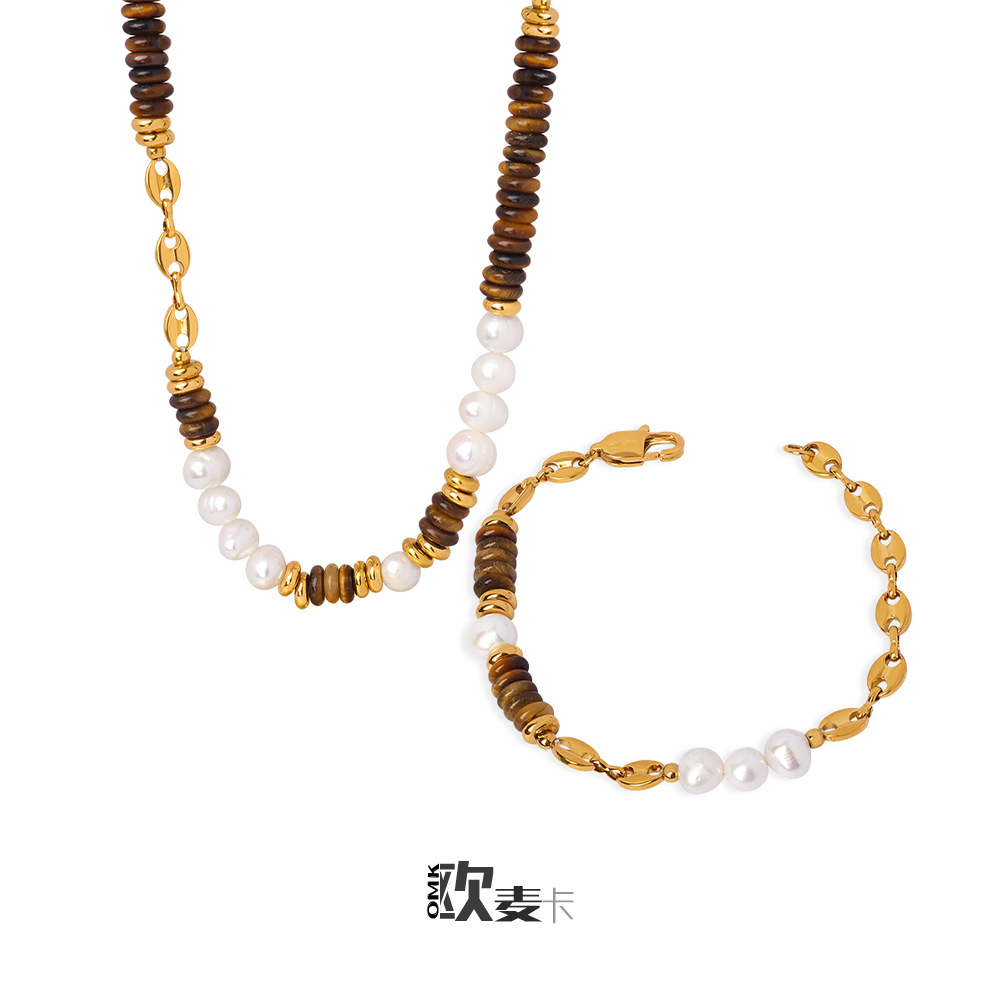 Ojo de tigre natural piedra perlas de agua dulce costura collar titanio acero cerdo nariz personalidad todo partido clavícula cadena joyería para las mujeres