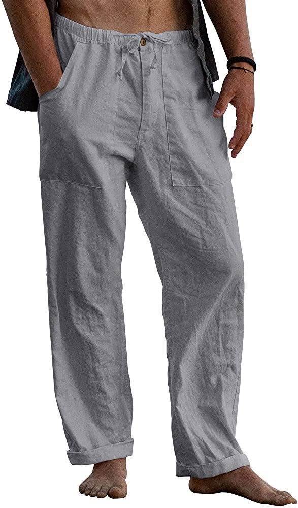 Pantalon long en lin pour homme, style yoga, plage, été décontracté, avec cordon de serrage à la taille et poches, collection européenne et américaine 2022_voghion.com