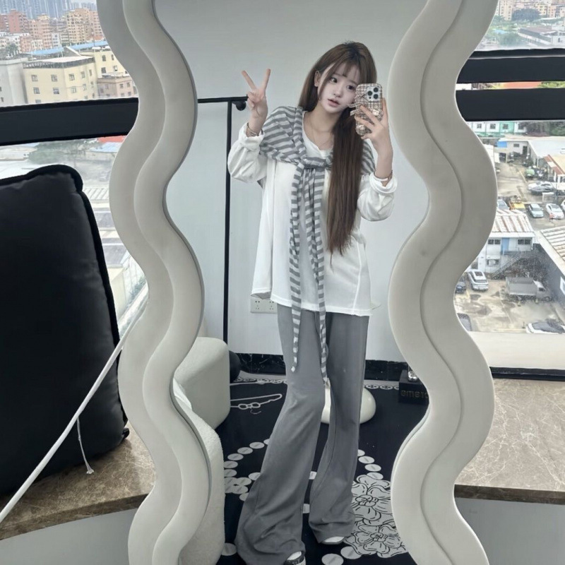 爆款网红舒适慵懒风休闲风长袖上衣+条纹披肩+高腰阔腿裤套装2025|undefined