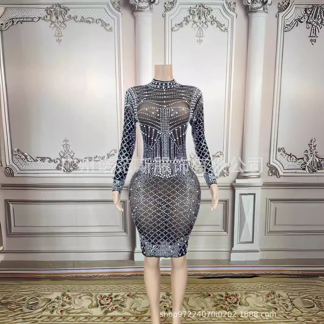 novance free shipping shiny diamond Net see-through black dress stretch party birthday mini skirt