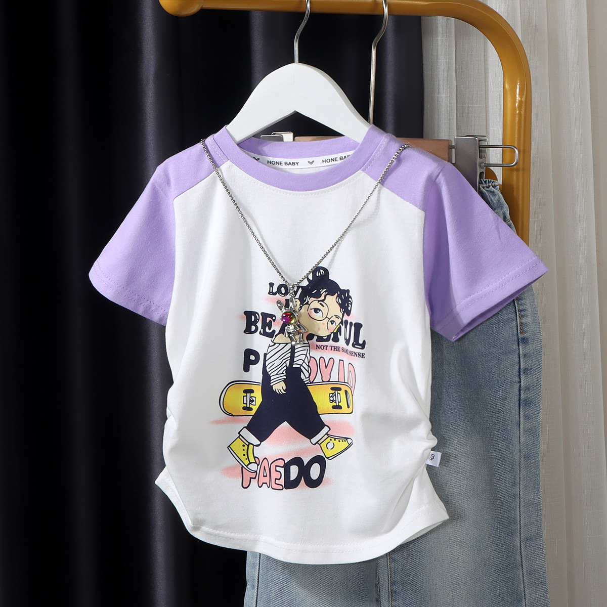 2024夏季新款韩版女童插肩短袖T桖宽松洋气撞色时尚印花半袖