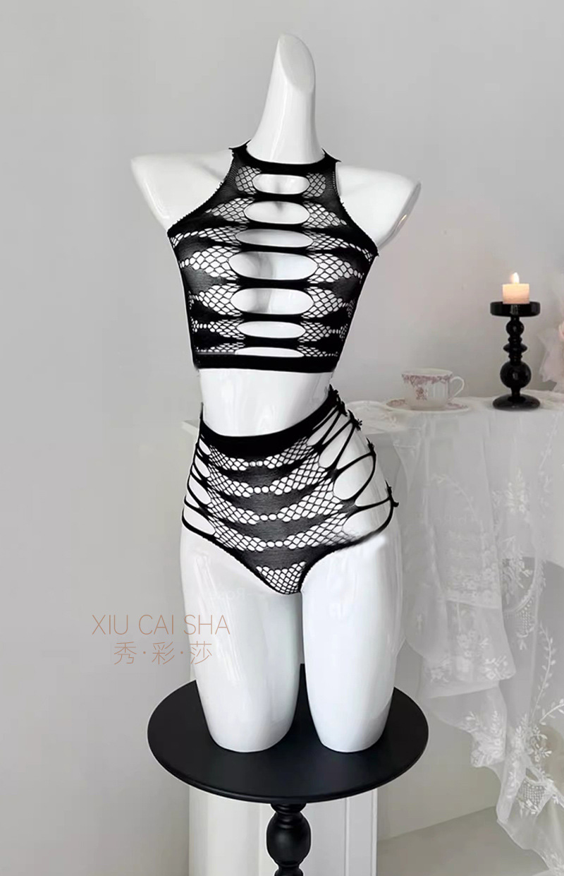 See-Through Mesh Lingerie Set with Open-Back Design and Tearable Split Stockings, Lake Blue One Size — detail image 33