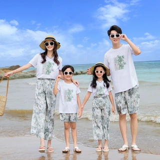 高端新款炸街沙滩亲子装夏装一家三口四口母女装海边旅游度假套装