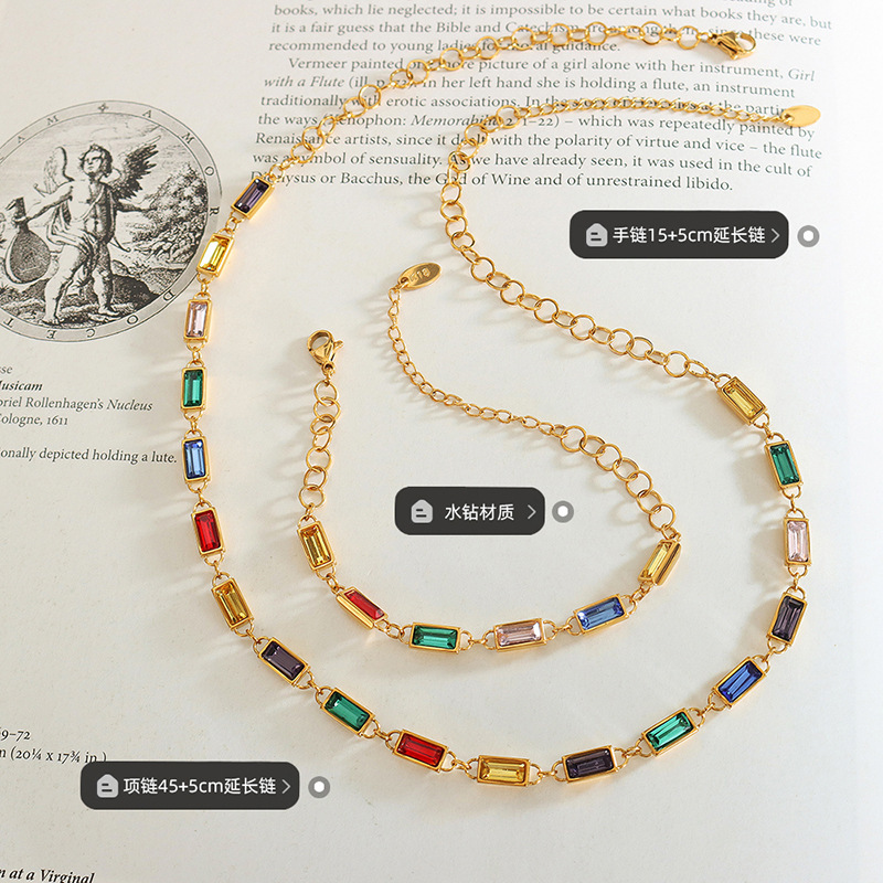 Nuevo estilo retro chino colorido rhinestone costura collar pulsera no desvanecimiento nicho simple titanio acero dopamina joyería