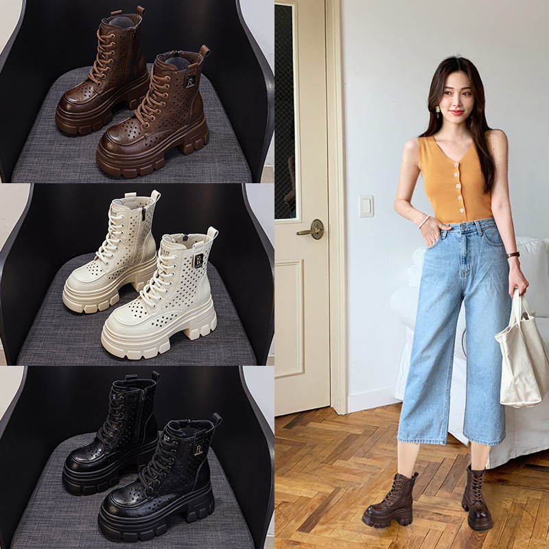 Boot nữ đế dày cổ thấp họa tiết đục lỗ lưới thoáng khí mùa hè — M2828 be đục lỗ, M2828-1 be lưới, M2828 đen đục lỗ, M2828 nâu đục lỗ