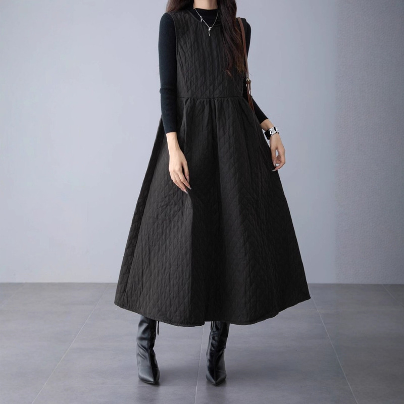 2025 Japanese Style New Sleeveless Black and White Cotton Long Dress Dress in Stock