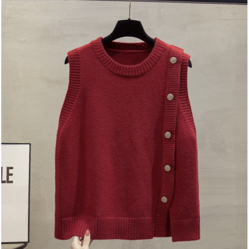 Chaleco de jersey de punto de cuello redondo para mujeres 2024 otoño y invierno nuevo estilo suelto para usar abrazadera de caballo plegada para usar suéter de hombro de moda