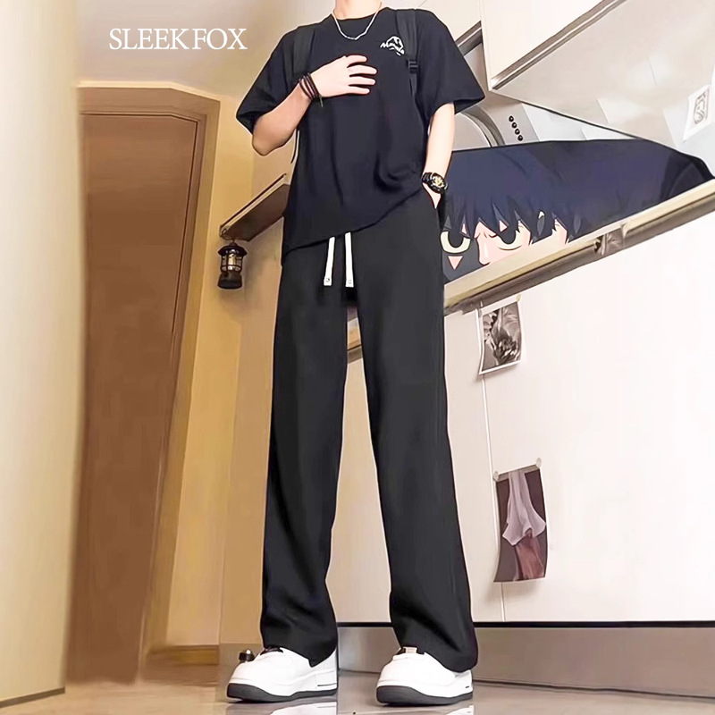 2025 Summer New Hong Kong Style Solid Color Ins Loose Waist Drawstring Unisex High-End Straight Versatile Long Pants