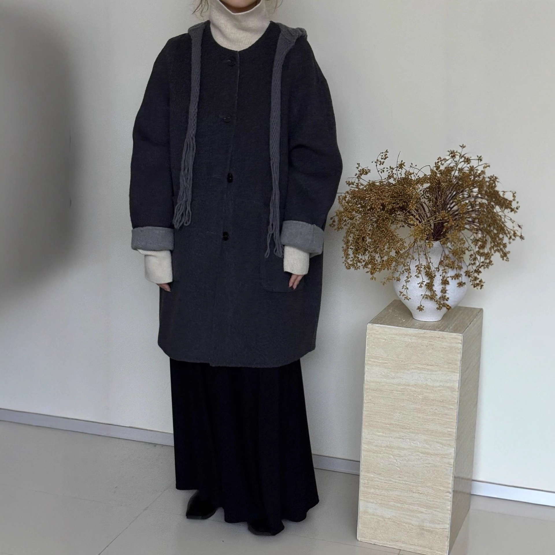 实拍浅绿双面羊绒毛呢大衣2025冬可脱卸俏皮兔耳朵针织帽呢子外套