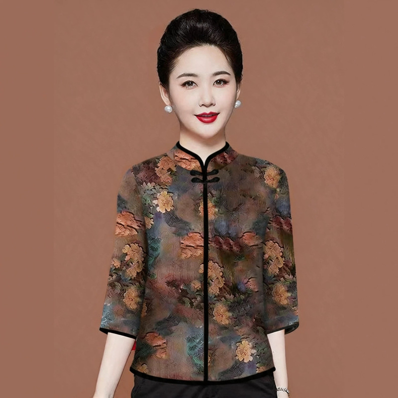 Three-Quarter Sleeve Improved Cheongsam with Traditional Chinese Style Button-Down T-Shirt for Women, Retro Print Ethnic Style Loose Slimming Top for Women