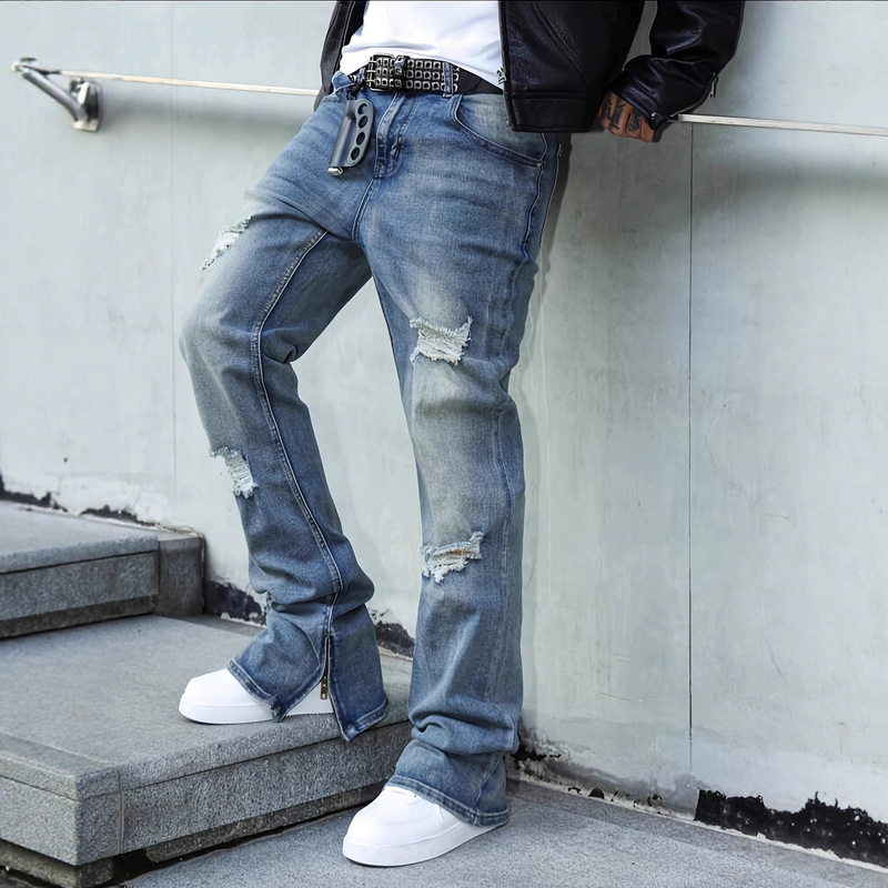 Cross-Border Foreign Trade Men's Zippered Jeans, Men's Ripped and Washed Jeans, European and American High Street Fashion Denim Pants, Trendy