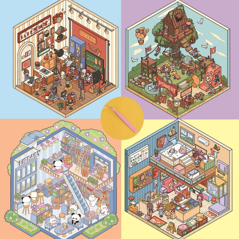 Korean-Style Cartoon Scenery Stickers, Cute Visual 3D Stereoscopic Houses, Fresh Cartoon Stress-Relief Scenes, Cute Journaling Stickers