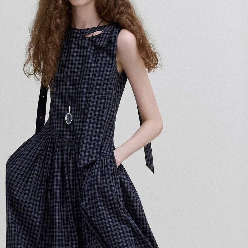 Nordic retro romantic plaid cotton dress with irregular design and butterfly ribbons for women Nordic retro romantic plaid cotton dress with irregular design and butterfly ribbons for women