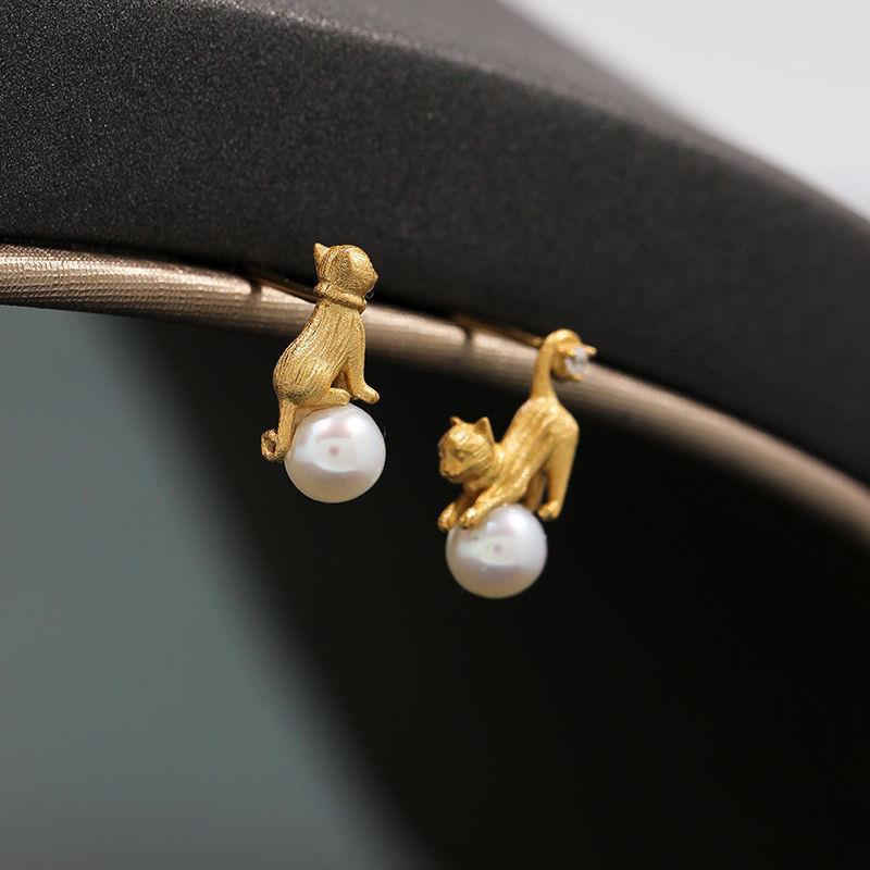Japanese genuine small design cute asymmetrical earrings from pearl