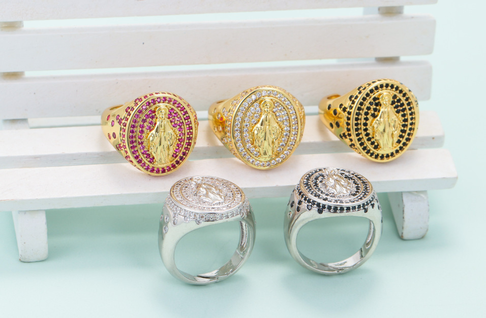 Copper Material Geometric Pattern Retro Virgin Mary Diamond Ring Wholesale
