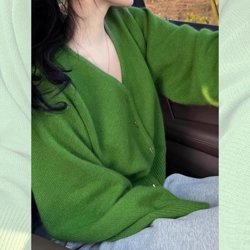 秋冬季新款女上衣别致独特浣熊绒绿色v领开衫针织外套小个子毛衣|undefined