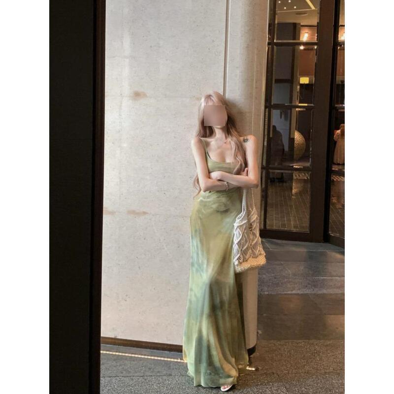 Retro Tie-Dye Elegant Suspender Dress for Women Summer Seaside Vacation Long Skirt Elegant Waist Slimming Look A-Line Skirt