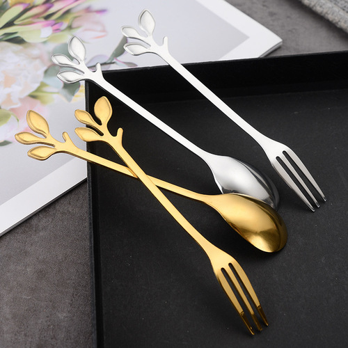 Stainless steel leaf golden coffee spoon stirring spoon titanium plated ice cream dessert spoon honey bird's nest mug spoon