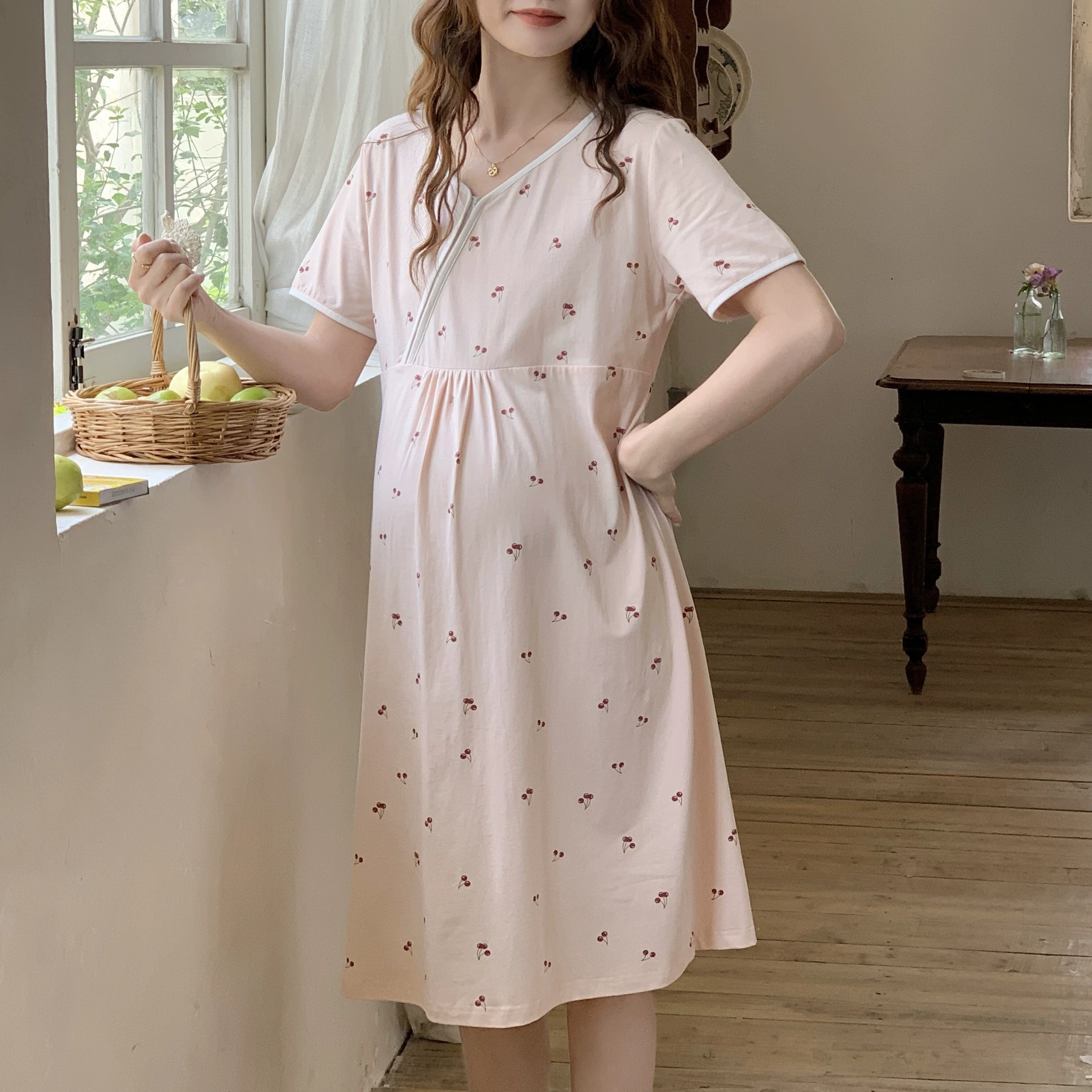 [6370] Полное платье ночная юбка хлопчатобумажная летняя короткая рубашка тонкая беременная пижама послеродовое платье для кормления грудью