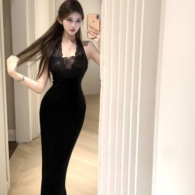 New Elegant Lace Stitching V-neck Velvet Long Black Slim dress Birthday Party Dress