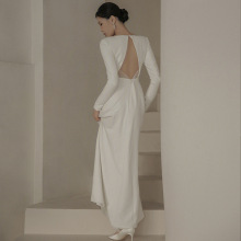 缎面轻婚纱夏季新款长袖露背新娘迎宾礼服森系超仙出门纱