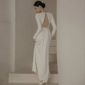 缎面轻婚纱夏季新款长袖露背新娘迎宾礼服森系超仙出门纱