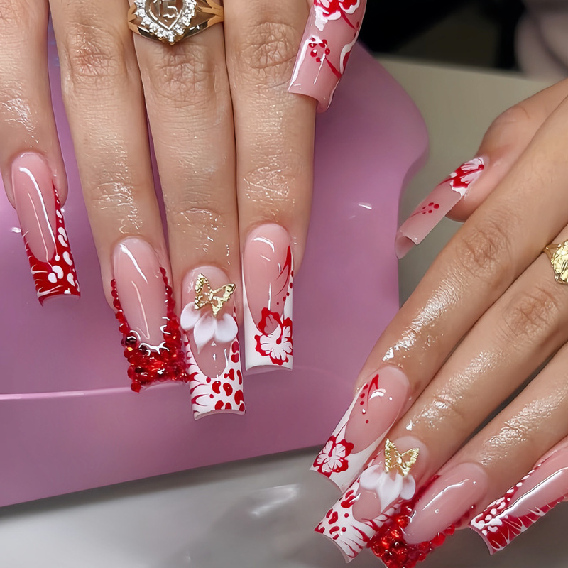 Cross-Border Hot-Selling Long Tube Red Flower 3D Red Rhinestone Design Gold Butterfly Cute Hibiscus Flower Wearable Nails Cross-Border Hot-Selling Long Tube Red Flower 3D Red Rhinestone Design Gold Butterfly Cute Hibiscus Flower Wearable Nails