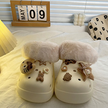 小众高颜值豹纹小猫洞洞鞋女外穿2025秋冬新款厚底保暖包头棉拖鞋