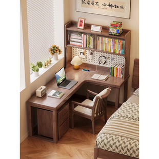 Solid Wood Corner Desk Bookshelf Integrated Bookcase Combination Student L-Shaped Study Table Corner Computer Table with Hole Board