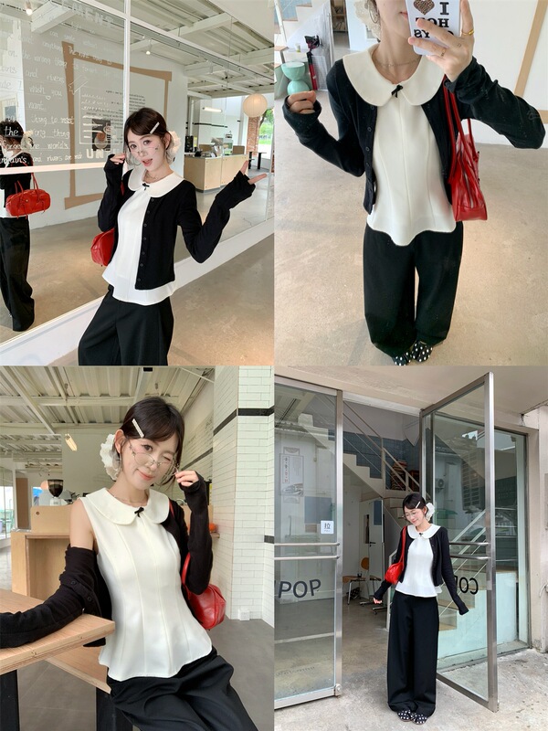 甜美风套装长袖开衫外套女娃娃领背心秋季黑色阔腿裤miu系三件套|undefined