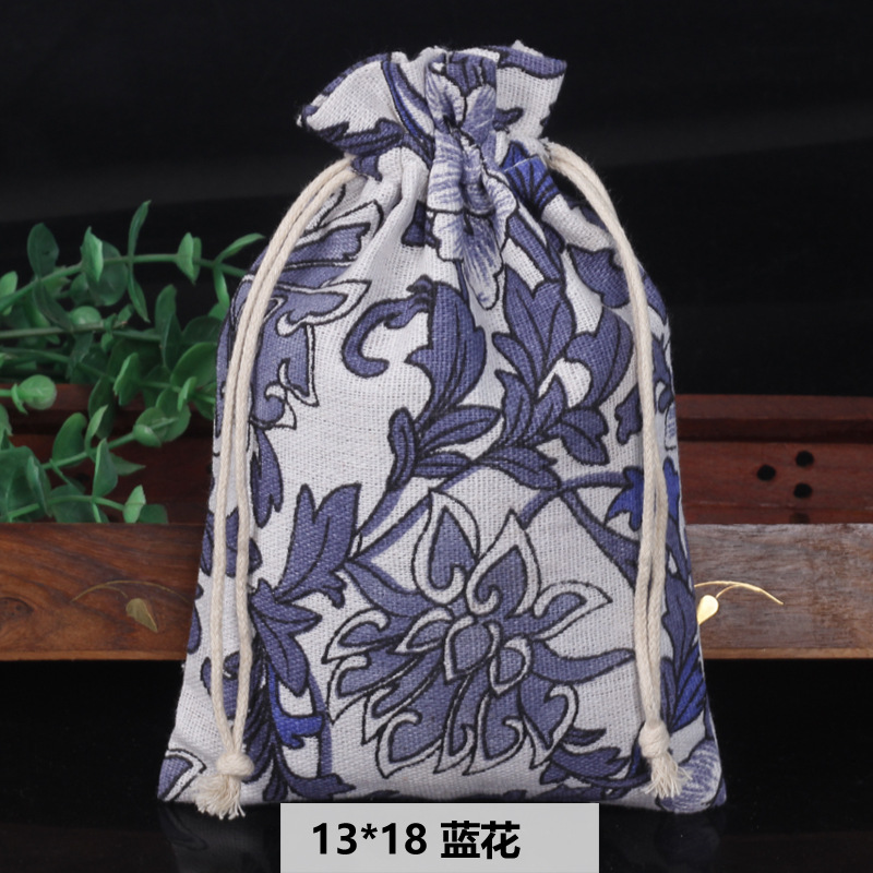 Ventas calientes de impresión de paquetes de cuerda de dibujo bolsas de impresión logotipo de lino bolsa de tela para el medio ambiente bolsa de almacenamiento de artículos 13 * 18
