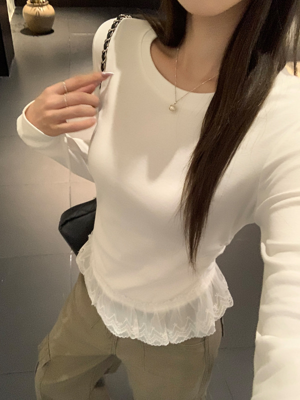 韩系芭蕾风蕾丝拼接下摆正肩褶皱收腰长袖T恤女2025秋季新款上衣|undefined