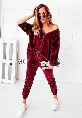 跨境亚马逊2021欧美秋冬新款纯色金丝绒V领长袖时尚休闲套装女