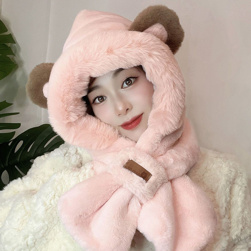 韓国版の熊のマスクのマフラーの一体の帽子のかわいい耳のぬいぐるみの学生の冬の保温は帽子をかぶせて代行します。|undefined