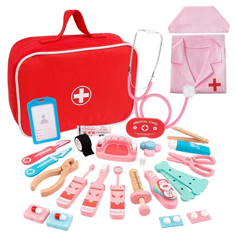 Educación Temprana de los niños y niñas educativos madera simulación paño bolsa medicina caja papel jugar sobre el hogar Juguetes