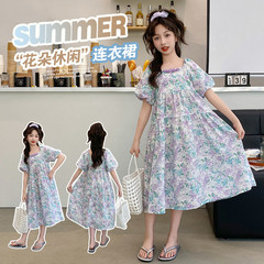 Girls summer short-sleeved dress 2024 new Korean style French floral skirt medium and large children summer thin princess dress