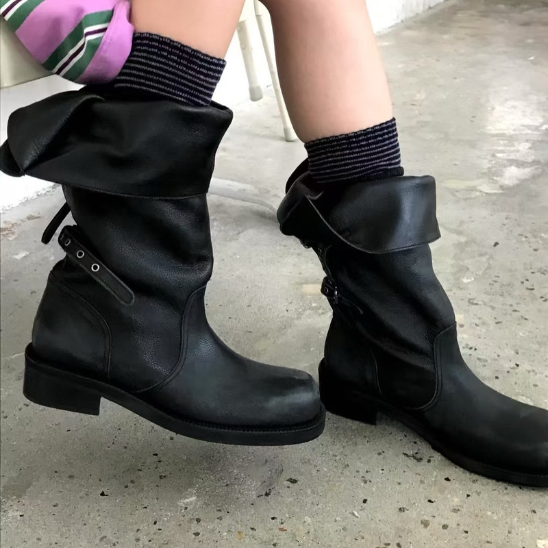 牛皮版韩系小众翻盖两穿靴子堆堆靴女皮带扣机车马丁靴中筒西部靴|undefined