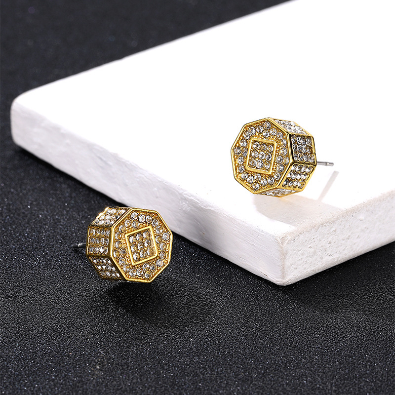 HIPHOP full diamond three-dimensional geometric earrings, personalized Instagram style fashion accessories, men's_voghion.com