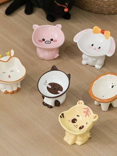 Cat Bowl Cute Animal Series Ceramic Pet Drinking Bowl High Foot Neck Protection Cat Bowl Anti-Black Chin Cat Food Bowl Dog Bowl