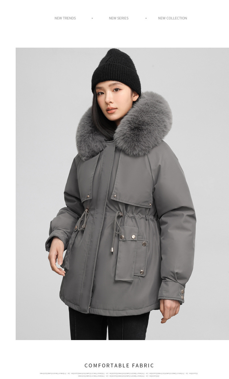 Chaqueta de algodón entallada mujer con capucha y pelo invierno_voghion.com